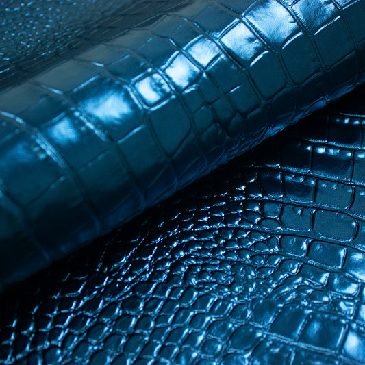 Electric blue laminated crocodile embossed leather