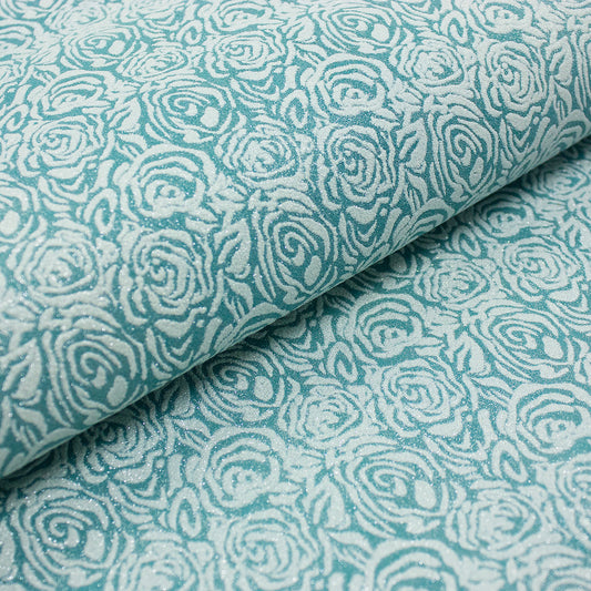 Trozo de piel fantasia turquesa flores purpurina blanca